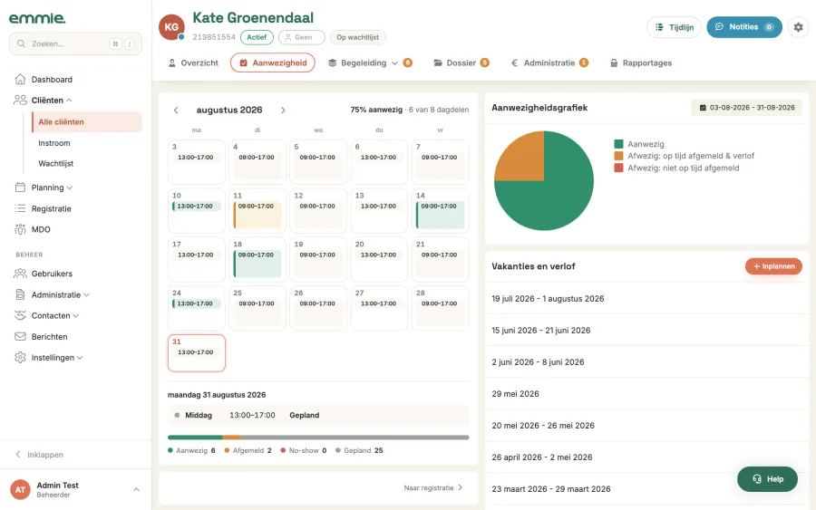 De tab Aanwezigheid met de maandkalender