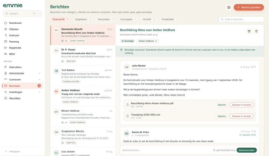 Ontwerp van de berichtenmodule: postvak, beveiligd bericht van de gemeente en bijlagen die je in het dossier opslaat