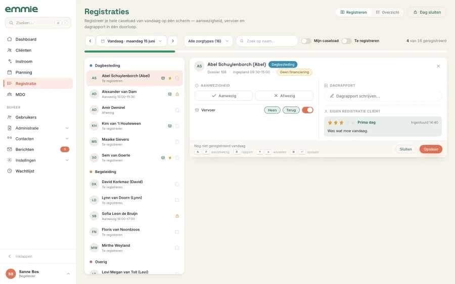 Ontwerp van de nieuwe registratiepagina: links je caseload, rechts de registratie van de gekozen cliënt