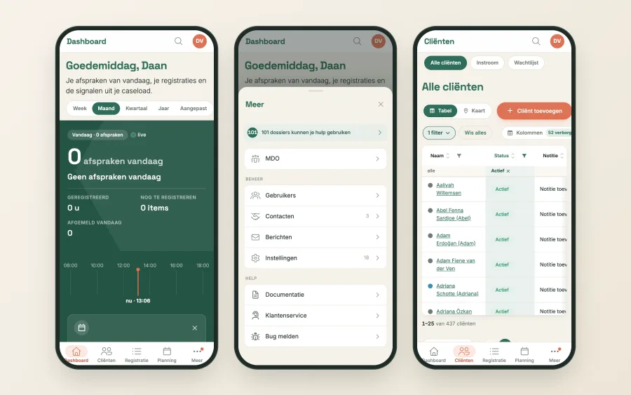 Emmie op een telefoon: het dashboard met de tabbalk, het blad Meer, en het cliëntenoverzicht met de subpagina's bovenin