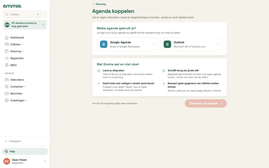 De pagina Agenda koppelen: de keuze tussen Google Agenda en Outlook, en wat Emmie wel en niet doet