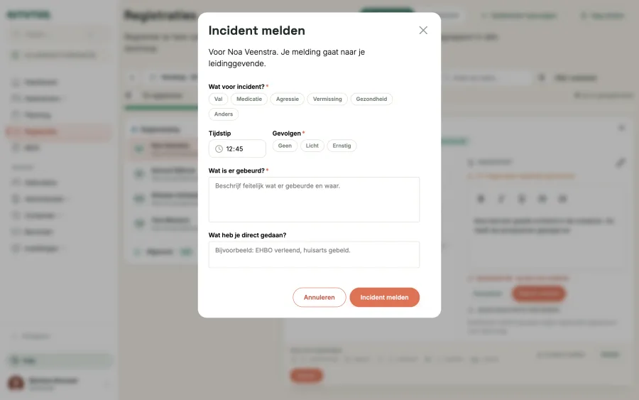 Het venster Incident melden, met de soort incident, het tijdstip, de gevolgen en wat er gebeurde