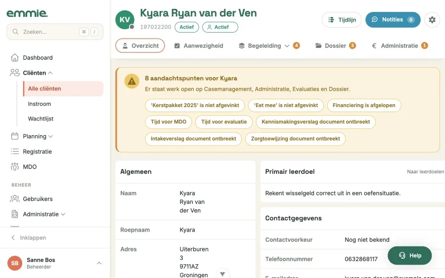 De cliëntpagina met bovenaan de aandachtspunten