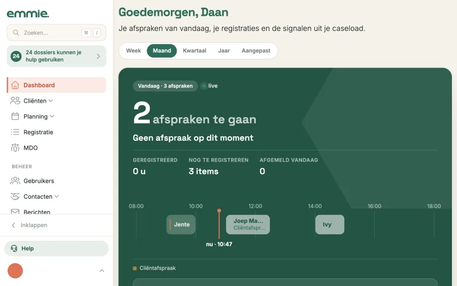 Het dashboard in de weergave Mijn caseload, met de agenda van vandaag