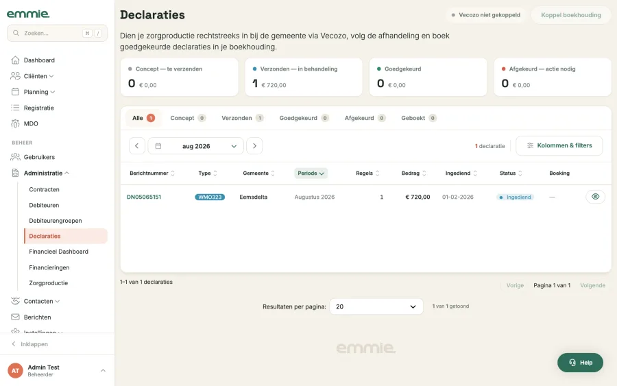 De pagina Declaraties met vier kaarten: te verzenden, in behandeling, goedgekeurd en afgekeurd