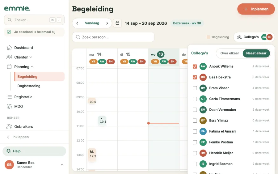 Het weekrooster Begeleiding met de agenda van twee collega’s naast de eigen agenda
