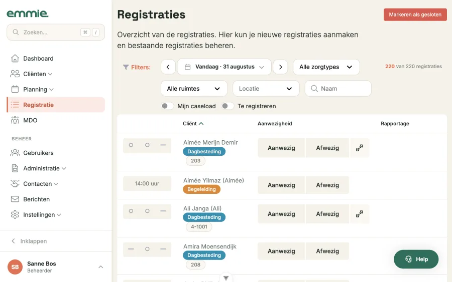 De registratiepagina van vandaag